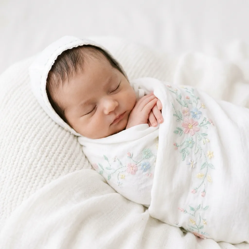 Bebê recém-nascido dormindo confortavelmente em manta bordada HomeKids
